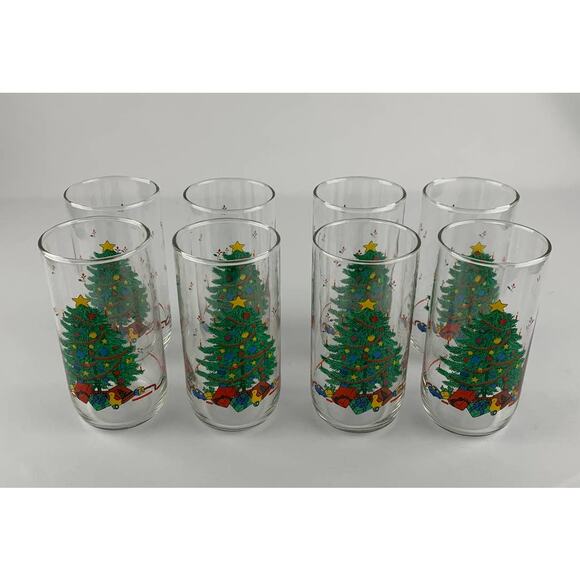 Vintage Christmas Tree Holiday Drinking Tumbler Glass 12 Oz Set Of 8 - Picture 1 of 6